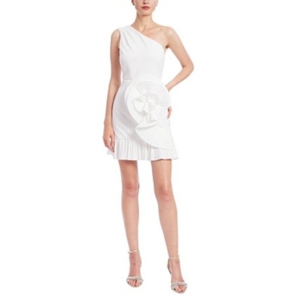 NWT Badgley Mischka One-Shoulder Rosette Sheath Dress – White Size 10 MSRP $198